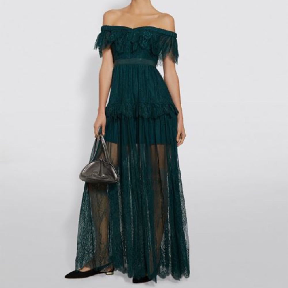 Self-Portrait Teal Off-Shoulder Lace Maxi Dress